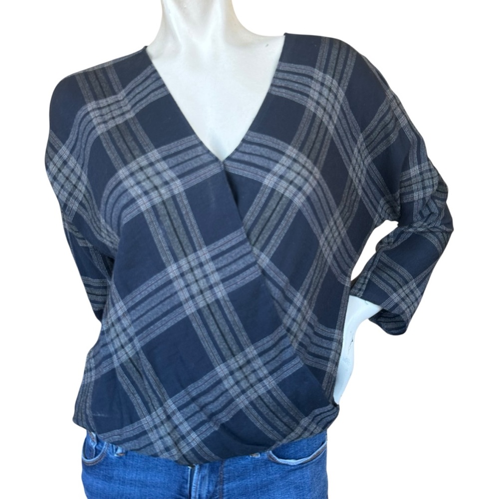 Vince Navy Blue Brown Plaid Airy Faux Wrap Long Sleeve V Neck Blouse Size XS
